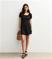 Women's Black Polka Dot Textured Jersey Milkmaid Mini Dress New Look