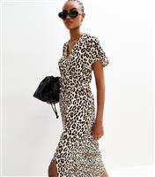 Women's Tall Brown Leopard Print Flutter Sleeve Midi Dress New Look