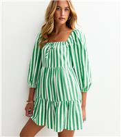 Women's Tall Green Stripe Print Crop Sleeve Smock Mini Dress New Look