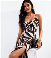 Women's Black Zebra Print Asymmetric Frill Satin Slip Dress New Look