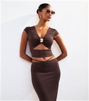 Women's Dark Brown Soft Touch Cut Out Detail Midi Skirt New Look