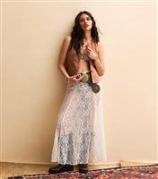 Women's Cream Semi Sheer Floral Lace Midi Skirt New Look