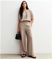 Women's Brown Crinkle Texture Stripe Print Wide Leg Trousers New Look