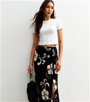 Women's Black Hibiscus Print Side Split Midi Skirt New Look