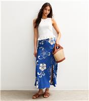 Women's Blue Hibiscus Print Side Split Midi Skirt New Look