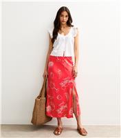 Women's Red Fruit and Vegetable Print Bias Cut Midi Skirt New Look