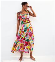 Women's Red Tropical Fruit Print Side Split Midi Skirt New Look