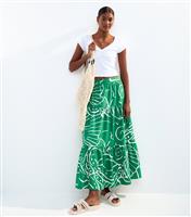 Women's Green Shell Print Poplin Tiered Midi Skirt New Look