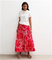 Women's Red Shell Print Poplin Tiered Midi Skirt New Look