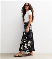 Women's Petite Black Hibiscus Print Side Slit Midi Skirt New Look