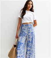Women's Blue Paisley Scarf Print Wide Leg Crop Trousers New Look