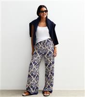 Women's Blue Floral Geometric Print Wide Leg Trousers New Look