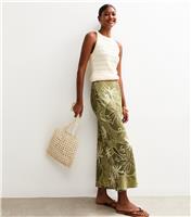 Women's Green Palm Tree Print Midi Skirt New Look