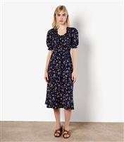 Women's Navy Floral Print Short Sleeve Midi Dress Apricot New Look