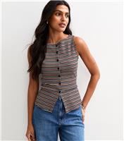 Women's Black Ribbed Stripe Button Tank Top New Look