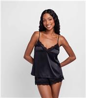 Women's Black Satin Lace Trimmed Shorts Dorina New Look
