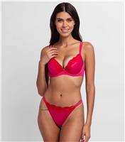 Women's Bright Pink Shiny Lace Trimmed Plunge Bra Dorina New Look