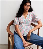 Women's Pink Floral Print Creased Texture Tea Blouse New Look