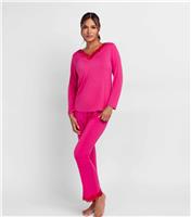 Women's Bright Pink Lace Trimmed V-Neck Top Dorina New Look