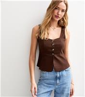 Women's Brown Button Up Tie Back Sleeveless Top New Look