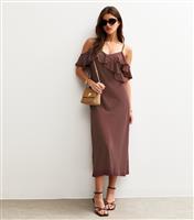Women's Brown Spot Print Ruffle Trim Strappy Midi Dress New Look