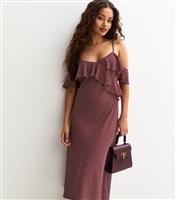 Women's Petite Brown Spot Print Bardot Strap Ruffle Trim Midi Dress New Look