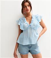 Women's Light Blue Crinkle Texture Frill Trim Cap Sleeve Top New Look