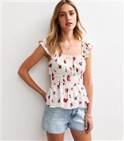 Women's Red Rose Print Shirred Waist Tea Top New Look