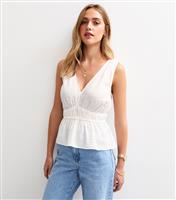 Women's White Textured V Neck Shirred Waist Top New Look