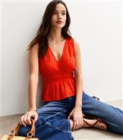 Women's Bright Red Textured V Neck Shirred Waist Top New Look