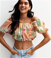 Women's Orange Tropical Print Off Shoulder Textured Cropped Top New Look