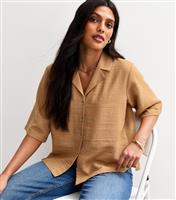 Women's Brown Revere Collar Short Sleeve Shirt New Look