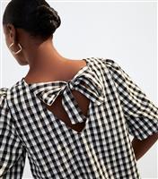Women's Black Check Pattern Bow Back Puff Sleeve Top New Look