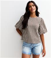 Women's Brown Check Pattern Bow Back Puff Sleeve Top New Look