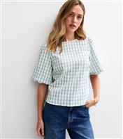 Women's Blue Check Pattern Bow Back Puff Sleeve Top New Look