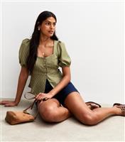 Women's Green Striped Button Up Top New Look