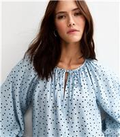 Women's Blue Spot Print Textured Tie Neck Blouse New Look
