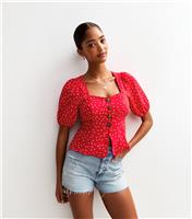 Women's Red Polka Dot Puff Sleeve Top New Look