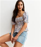 Women's Blue Scarf Print Shirred Top New Look