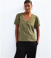 Women's Khaki Textured Button Front Short Sleeve Blouse New Look