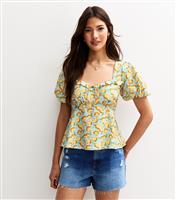 Women's Blue Crinkle Texture Orange Print Tea Blouse New Look