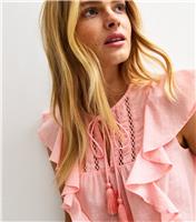 Women's Light Pink Ruffle Tie Trim Cap Sleeve Top New Look