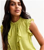 Women's Green Crinkled Lace Trim Ruffled Sleeveless Top New Look