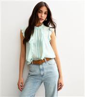Women's Light Blue Crinkled Lace Trim Ruffled Sleeveless Top New Look