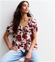 Women's Red Textured Floral Silhouette Print Tie Button Front Top School New Look