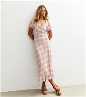 Women's Tall Cream Checked Ruffle Trimmed Milkmaid Midi Dress New Look