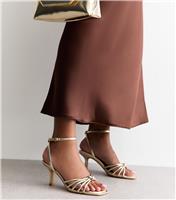 Women's Gold Faux Leather Knot Detail Low Stiletto Sandals Vegan New Look