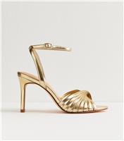 Women's Gold Twisted Vamp Heel Sandals Vegan New Look