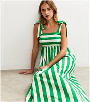 Women's Green Striped Tie Strap Midi Dress New Look