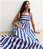 Women's Blue Striped Tie Strap Midi Dress New Look